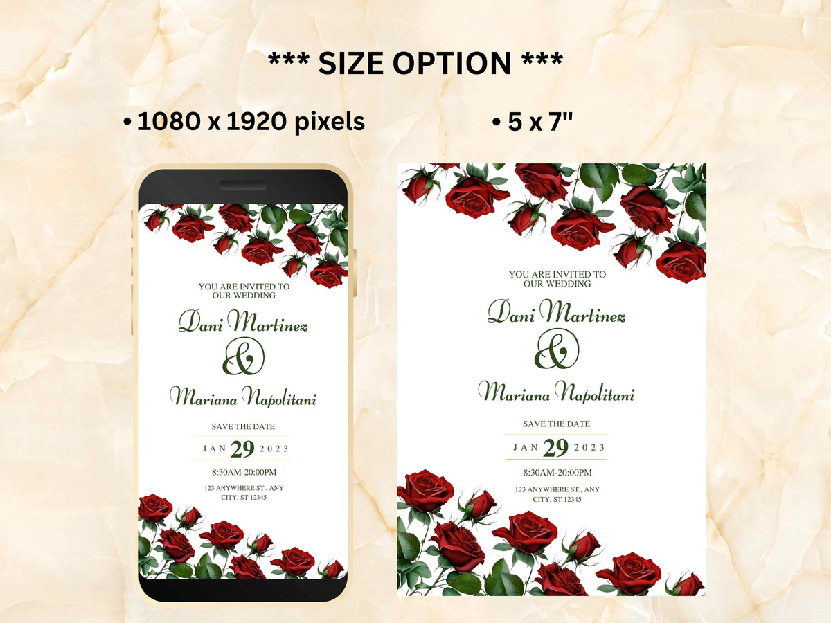 Red Rose Wedding Invitation, Electronic Wedding Invite Template , Digital Download, Red Rose Wedding Evite, Templett. WEI12