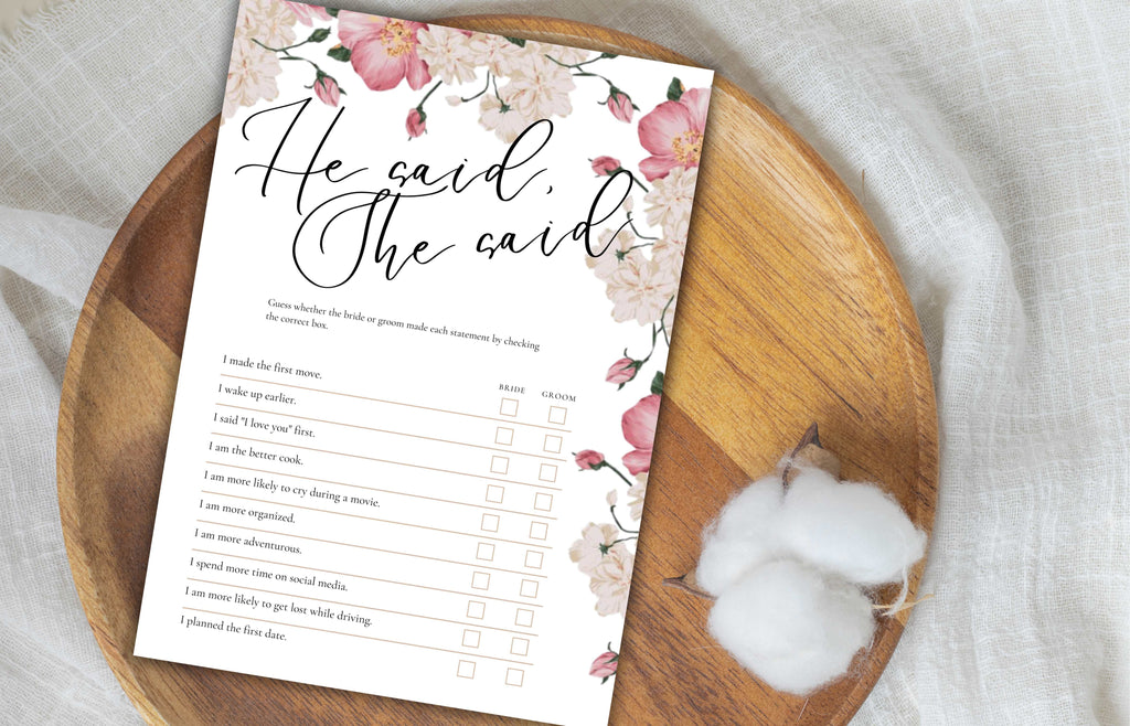 Bridal Shower Games, Pink Rose Bridal Shower Games, He Said She Said Bridal Shower Game, Pink Flower Bridal Shower Editable Game. WS51