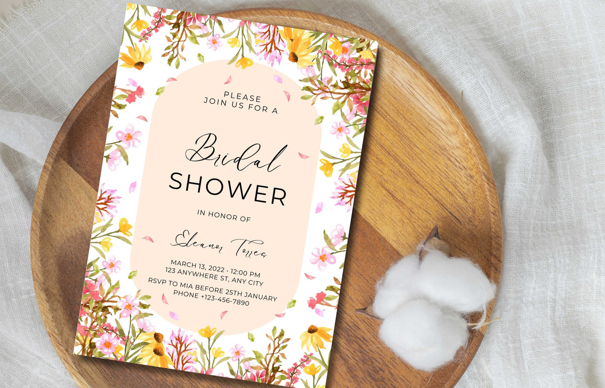 Boho Floral Bridal shower invitation, Spring Bridal shower invitation template, Wildflower bridal invitation, Editable Template, WS42