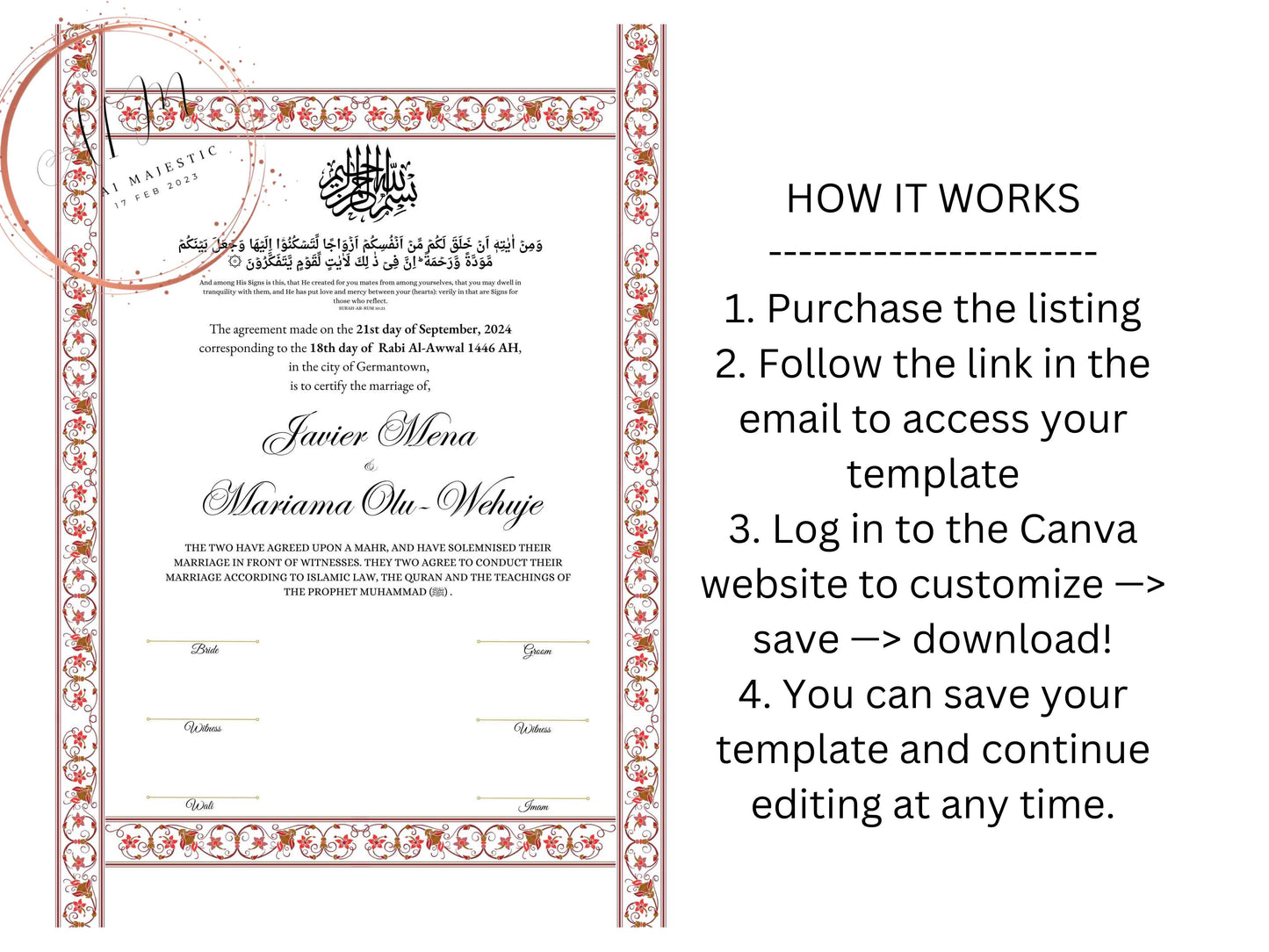 Nikkah Certificate Digital Download, Editable, Template, Muslim Contract, Muslim Marriage, A4, A3, Template, Instat Download. NN275