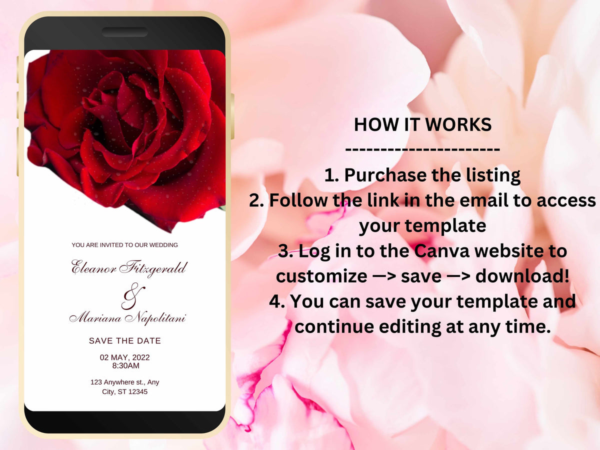 Red Rose Wedding Evite Template, Electronic Wedding Invitation, Red Rose video Wedding Invitation, Text Message, Mobile Phone Invite. WEI30