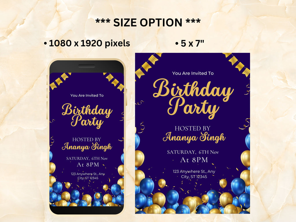 Blue Birthday Party Invitation Evite, Editable Blue and Gold Birthday Invitation Template for Men, Printable Birthday 5 x 7 Card. WEIB77