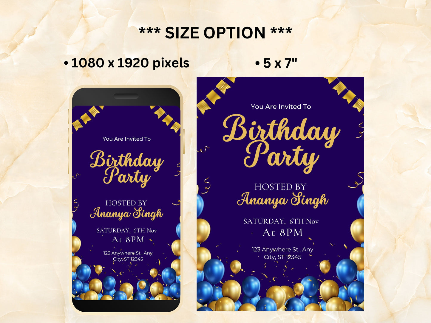 Blue Birthday Party Invitation Evite, Editable Blue and Gold Birthday Invitation Template for Men, Printable Birthday 5 x 7 Card. WEIB77