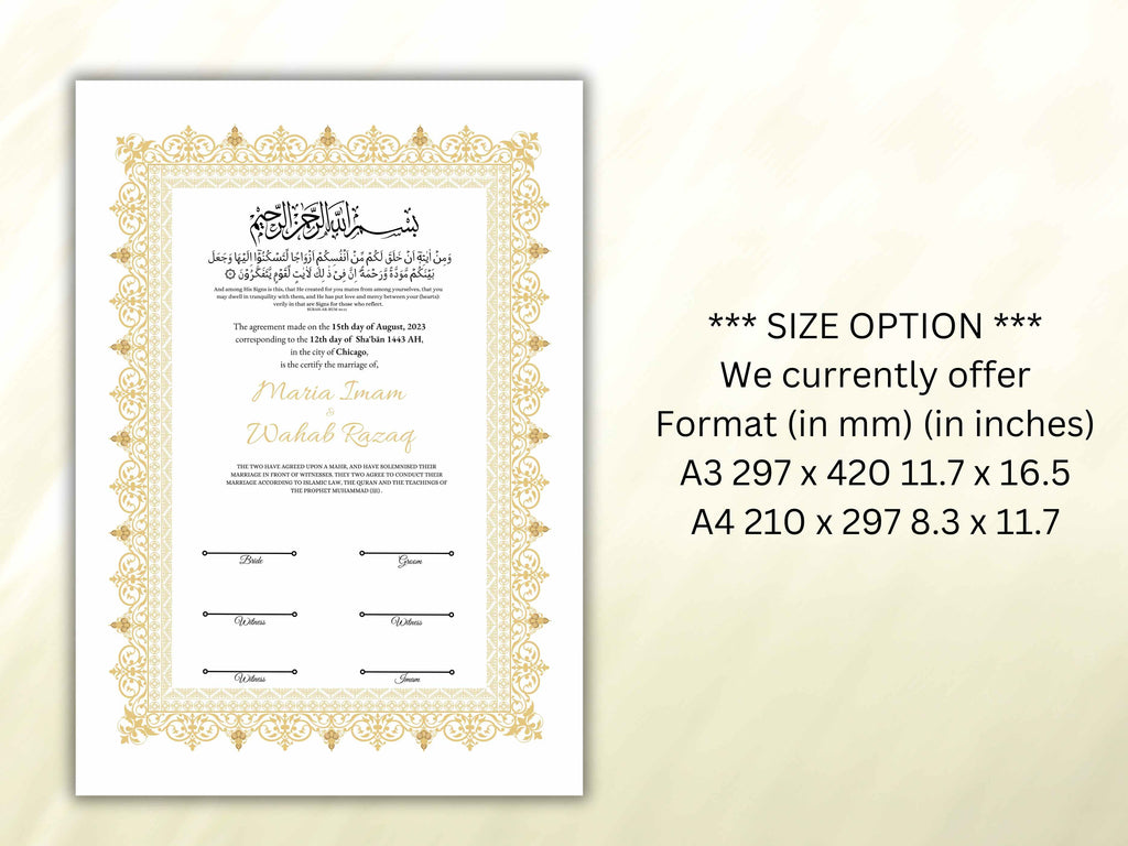 Luxury Nikkah Certificate, A4/A3 Islamic Wedding Contract, Muslim Marriage Certificate, Personalised Names, Nikah Nama, Quran Verse. NN196