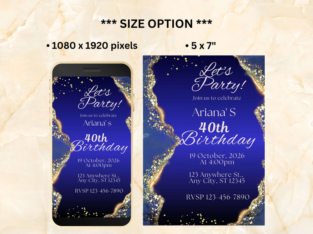 Blue Birthday Invitation, Adult Birthday Invitation, Navy Blue Birthday Evite, Blue & Gold Birthday Party Invite Template. WEIB84