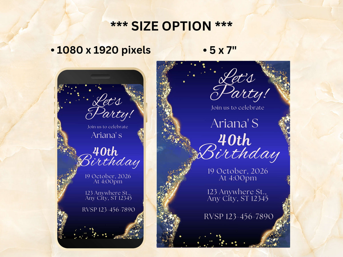 Blue Birthday Invitation, Adult Birthday Invitation, Navy Blue Birthday Evite, Blue & Gold Birthday Party Invite Template. WEIB84