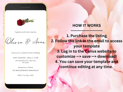 Red Rose Wedding Invitation, Electronic Wedding Invite Template , Minimalist Evite, Red Rose Wedding Evite, Templett. WEI40