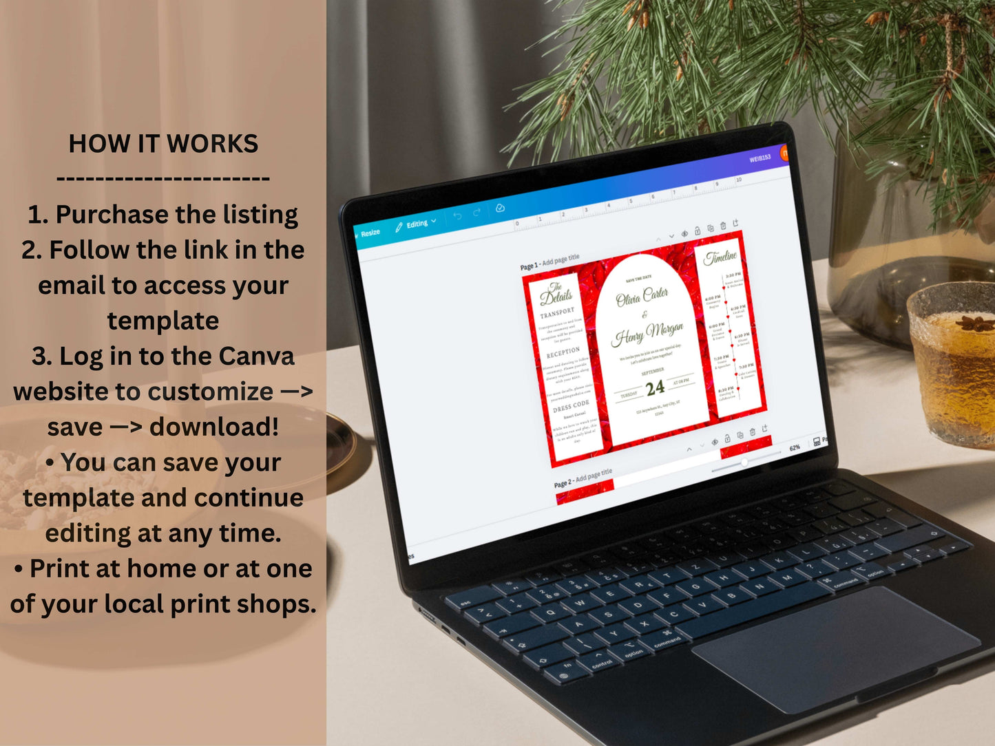 Red Rose Gatefold Wedding Invitation Template | Save The Date | Timeline & Details Card | Printable Wedding Invite | Editable PDF. WI153