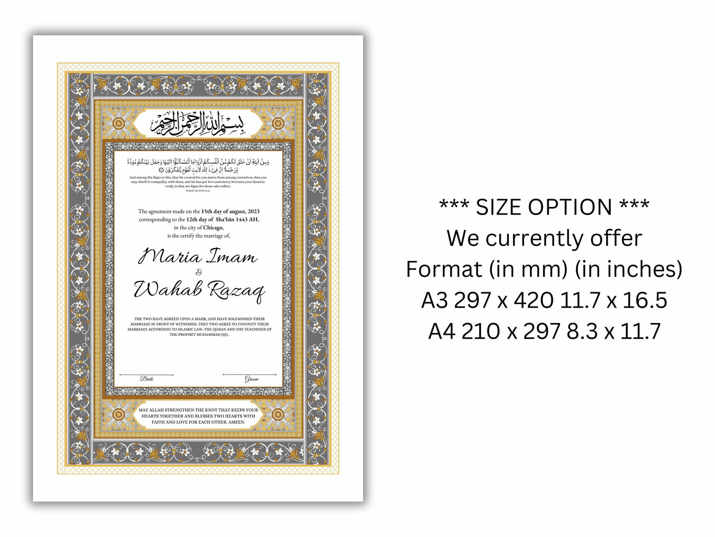 Nikkah Certificate Digital Download Personalised, A4, A3, Template, Muslim Wedding Contract, Instat Download. NN169