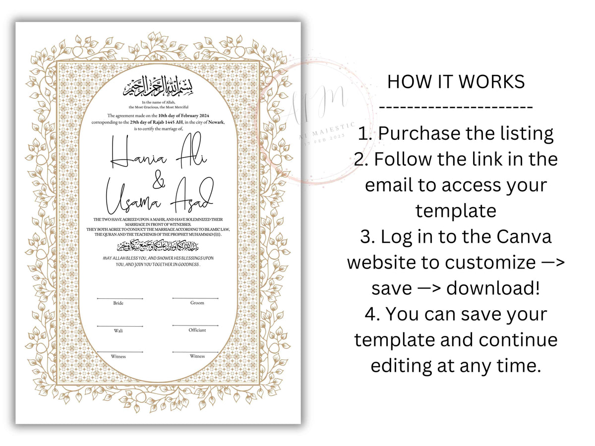 Nikkah Certificate Digital Download Personalised, Islamic Contract, A4, A3, Template, Instat Download. NN209