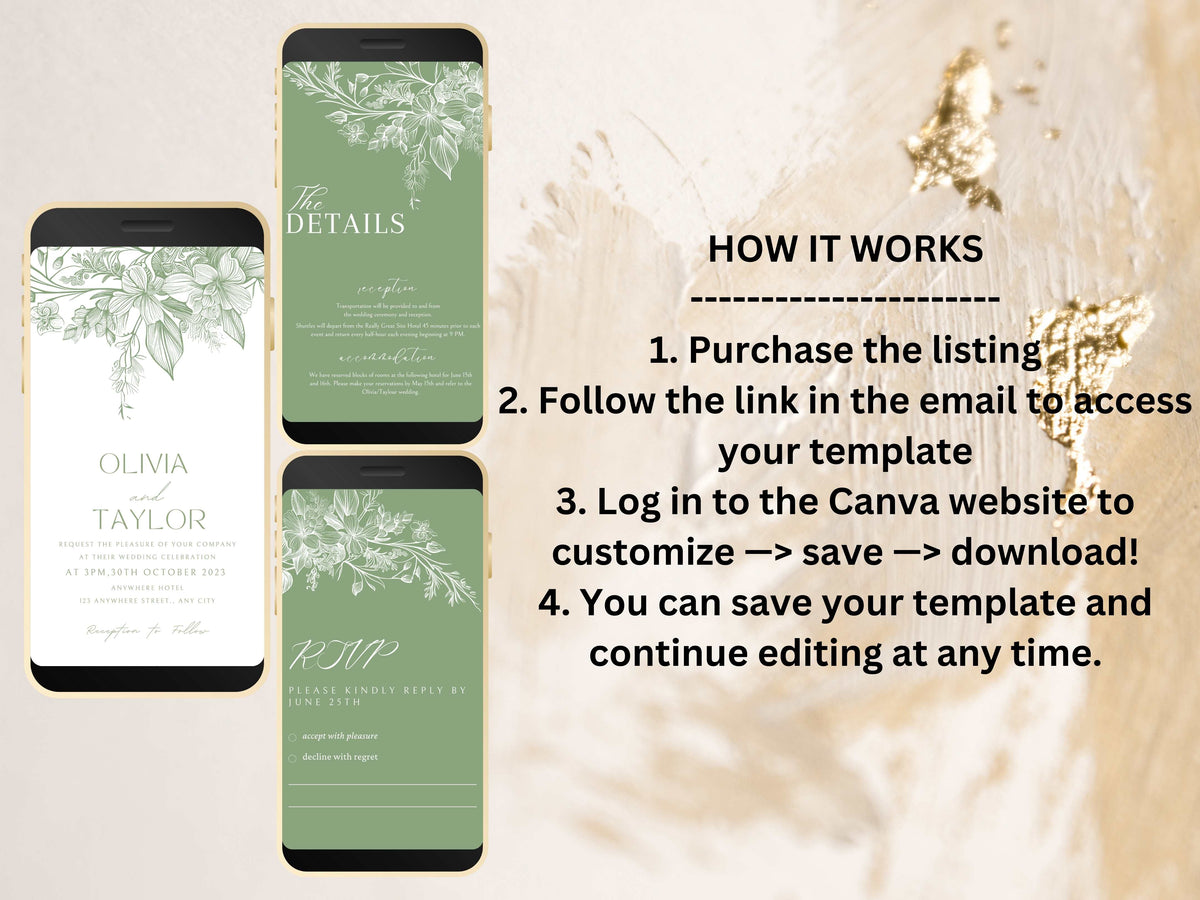 Sage Green Wedding Evite Template, Electronic Wedding Invitation, Sage Green Electronic Invitation, Text Message, Mobile Phone Invite. WEII0