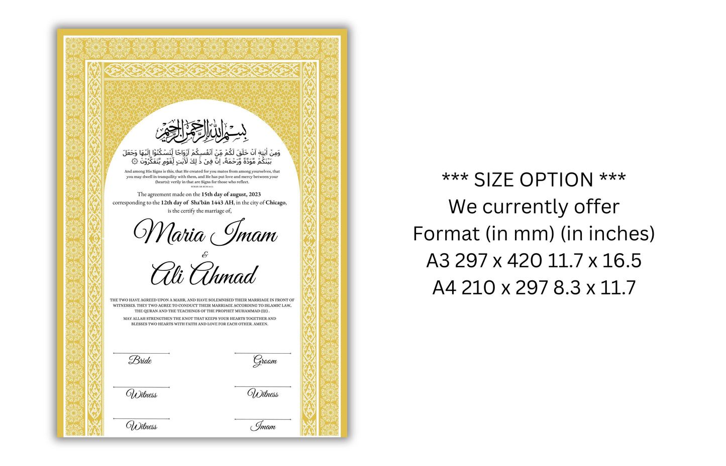 Luxury Nikkah certificate ,A3/a4 Nikkah Nama, Nikah , Islamic wedding contract, Muslim Marriage Certificate, Personalised Names. NN135