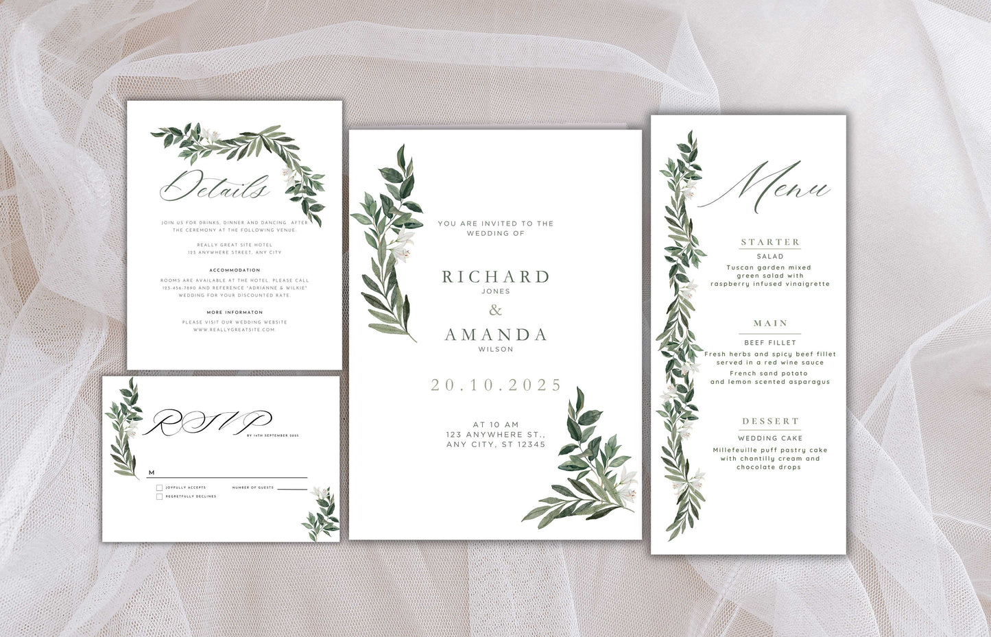 Wedding Invitation Bundle, RSVP Card, Green Sage Invitation, Wedding Menu Card Template, Details Editable, Menu Card, Wedding invite.WI70