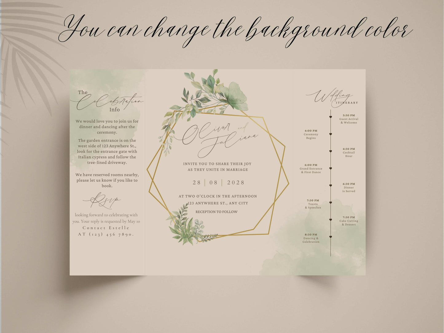 Elegant Greenery Trifold Wedding Invitation | Modern Minimalist Folded Invite with Itinerary | Botanical Geometric Gold Wedding Card. WI141