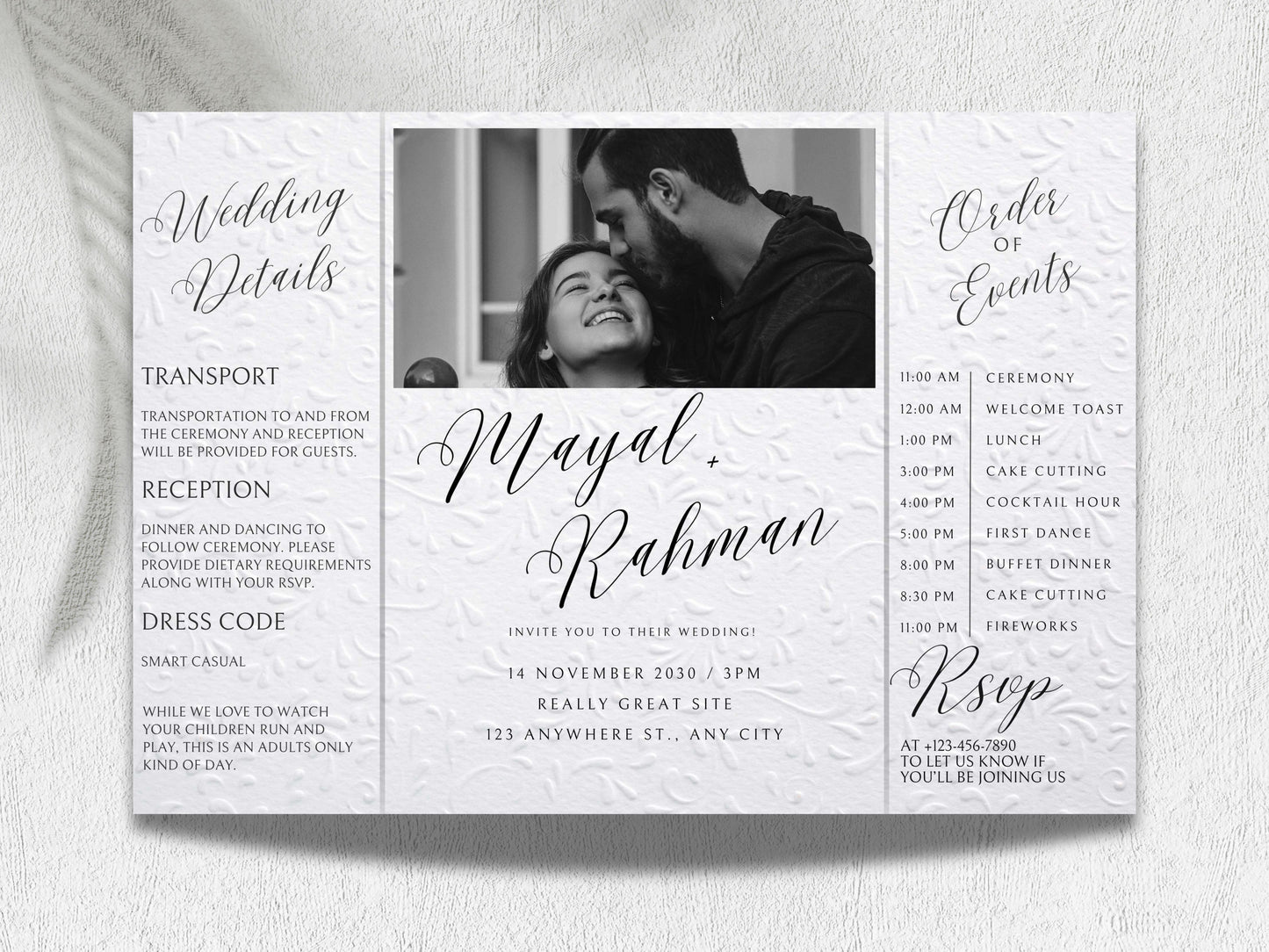 Gatefold Wedding Invitation Template | Elegant Black & White Folded Invite with RSVP Timeline | Printable Wedding Card with Photo. WEIB122