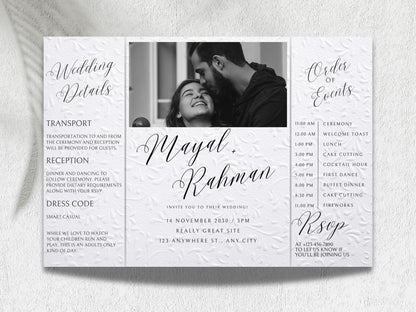 Gatefold Wedding Invitation Template | Elegant Black & White Folded Invite with RSVP Timeline | Printable Wedding Card with Photo. WEIB122