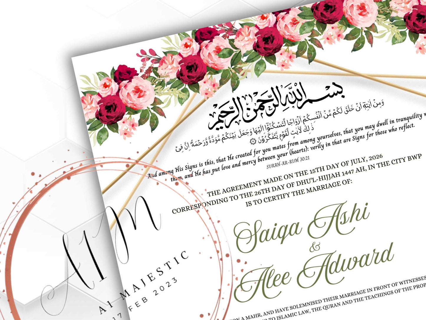 A4/A3 Nikkah Certificate, Pink Gold Nikkah Certificate, Wedding Contract, Nikkah Nama, Muslim Marriage Certificate, Personalised Names.NN278