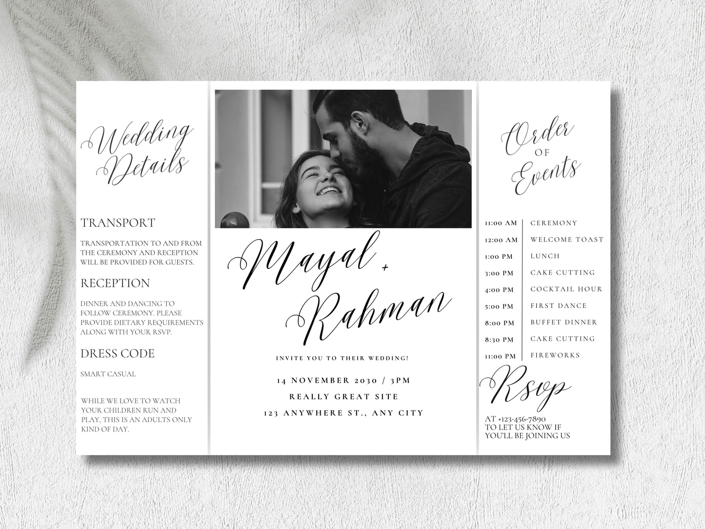 Gatefold Wedding Invitation Template | Elegant Black & White Folded Invite with RSVP Timeline | Printable Wedding Card with Photo. WEIB123