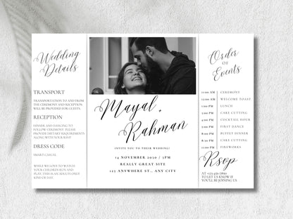 Gatefold Wedding Invitation Template | Elegant Black & White Folded Invite with RSVP Timeline | Printable Wedding Card with Photo. WEIB123