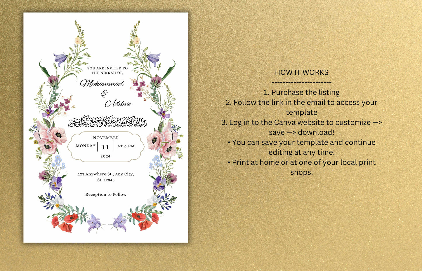 Nikkah Invitation Template, Spring Wedding Card, Floral Muslim Wedding Invite, Editable Nikkah Invitation Template, Nikkah Invitation. WT51