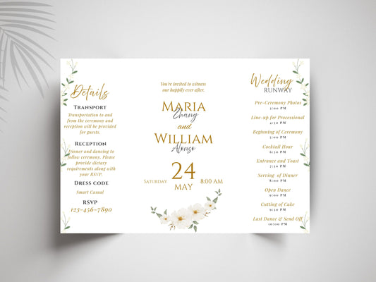 Elegant Gatefold Wedding Invitation Template | Floral Folded Invite | Printable Ceremony Card | Modern Wedding Schedule. WIB126