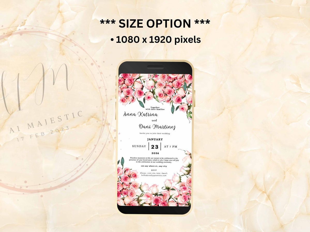 Pink Rose Wedding Evite Template, Electronic Wedding Invitation, Pink Rose video Wedding Invitation, Mobile Phone Invite. WEIB22