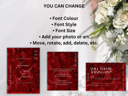 Red Rose Petals Wedding Invitation set, Red Rose RSVP, Red Rose Petals Wedding Invitation, Details, Editable,Template, WT59