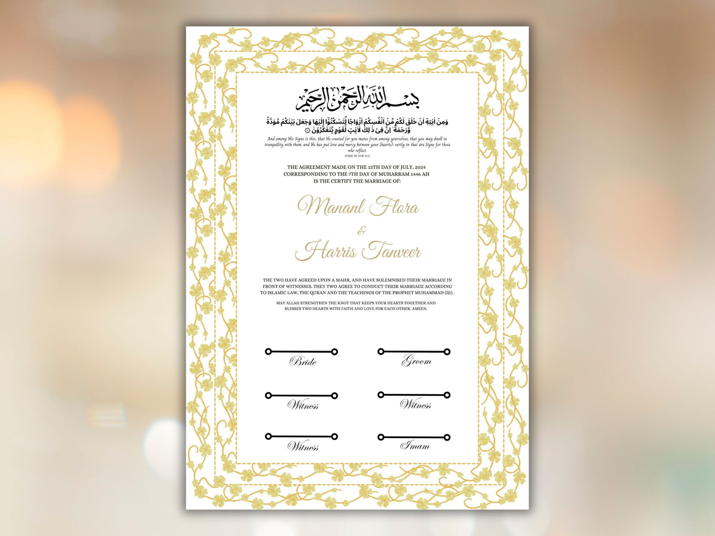 Nikkah Certificate Digital Download Personalised, A4, A3, Template, Editable, Nikkah Nama Template, Nikkah Contract, Muslim Contract. NN258