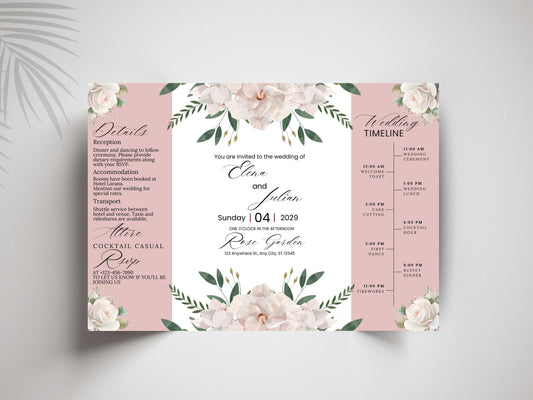Gatefold Floral Wedding Invitation with Timeline – Rose Garden Theme | Gatefold Editable Invite | Editable Template. WIB120