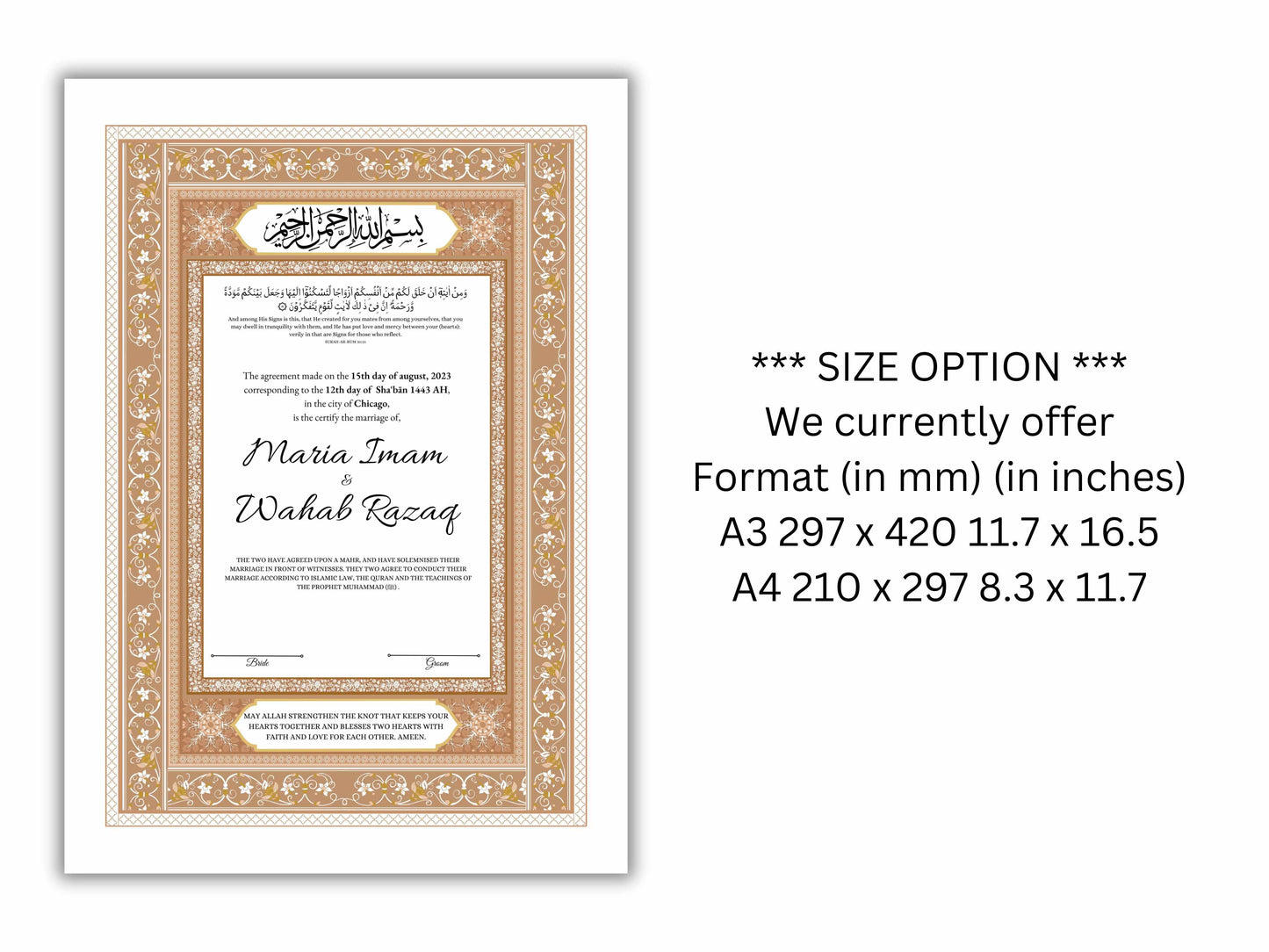 Luxury Nikkah Contract, Digital Printable Personalised Customised Nikkah Certificate, Custom Nikah Nama, Islamic Wedding Contract. NN167