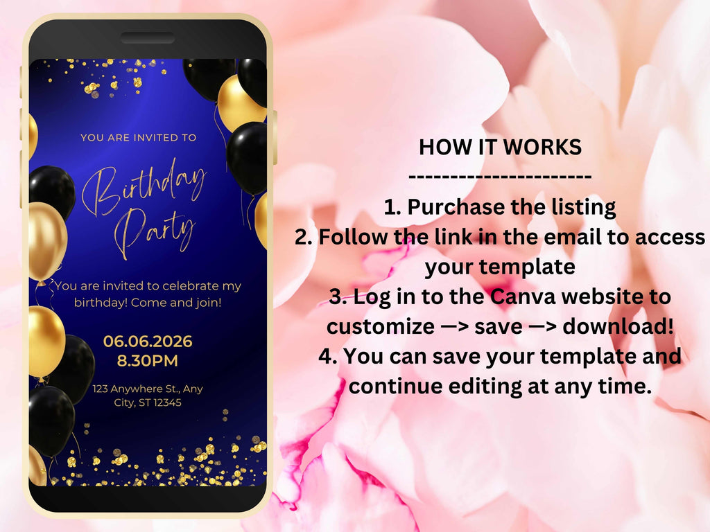 Digital Birthday Dinner Invitation Template, Blue Tie Glam Invite, Animated Blue Golden Diamond Evite , Self Editable eCard. WEIB42