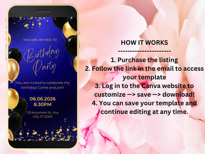 Digital Birthday Dinner Invitation Template, Blue Tie Glam Invite, Animated Blue Golden Diamond Evite , Self Editable eCard. WEIB42
