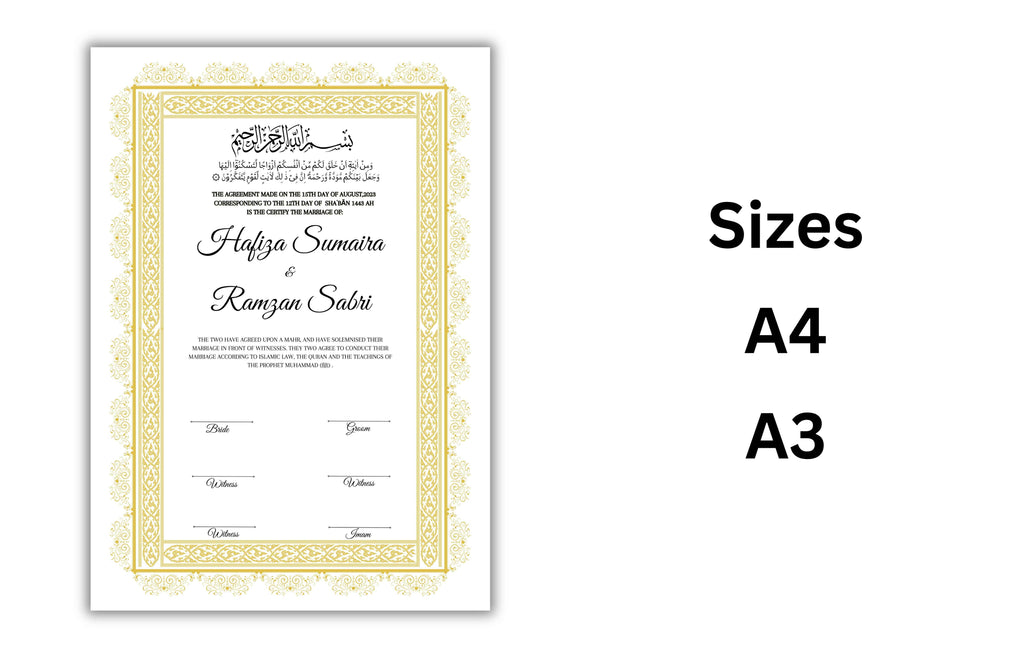 Muslim Wedding Contract A3/A4, Gold Islamic Nikkah Certificate Template, Editable. Nn125