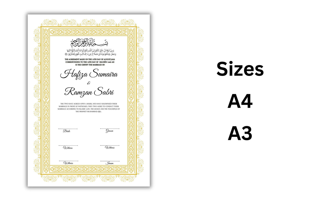 Muslim Wedding Contract A3/A4, Gold Islamic Nikkah Certificate Template, Editable. Nn125