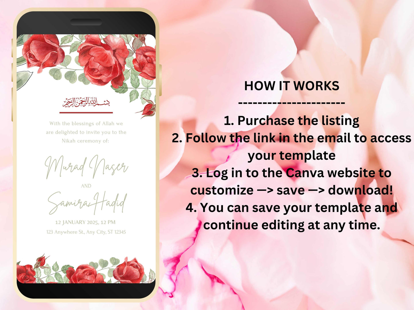 Red Rose Wedding Evite Template, Electronic Wedding Invitation, Red Rose video Wedding Invitation, Text Message, Mobile Phone Invite. WEI45