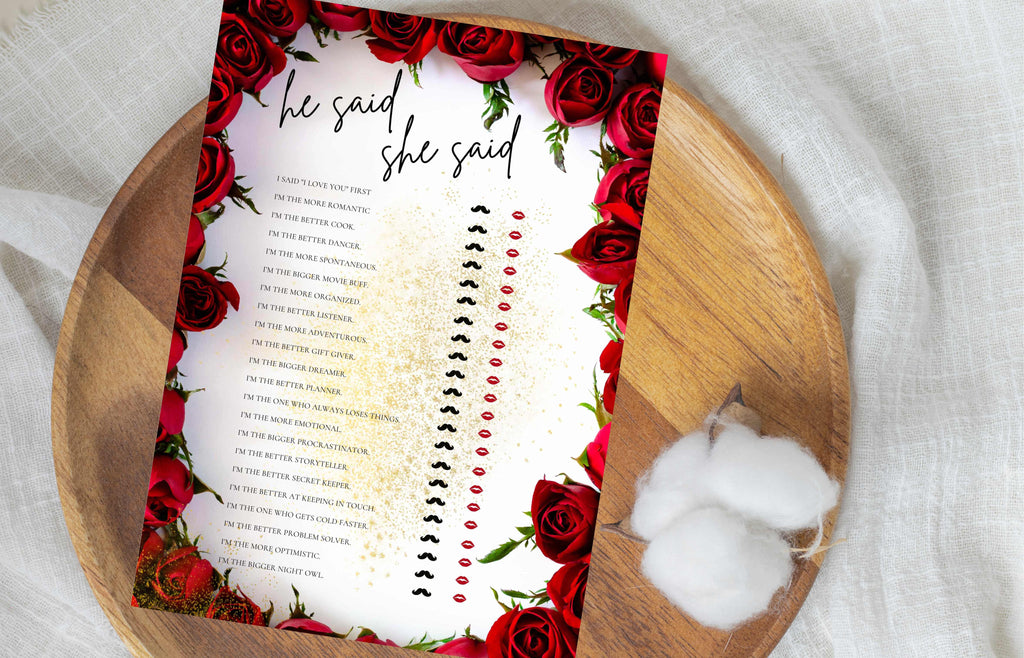 Red Rose He Said She Said, Bridal Shower Game, Printable Bridal Shower, Floral Bridal Shower Editable Games, Red Rose Bridal Shower. WS54