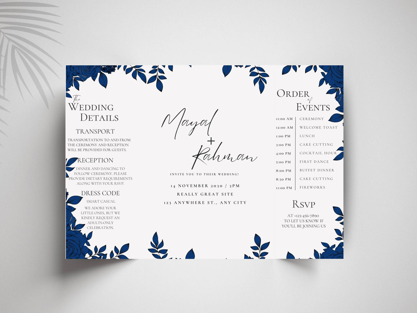 Elegant Gatefold Wedding Invitation | Blue Floral Printable Invite | Modern Ceremony Reception Card | Editable Template. WI133