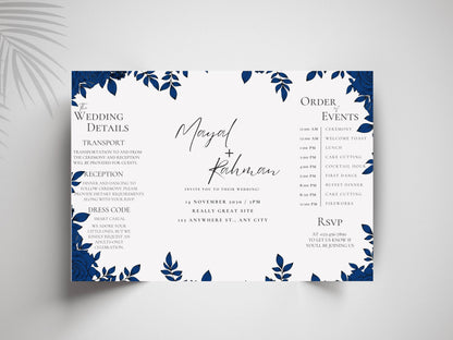 Elegant Gatefold Wedding Invitation | Blue Floral Printable Invite | Modern Ceremony Reception Card | Editable Template. WI133