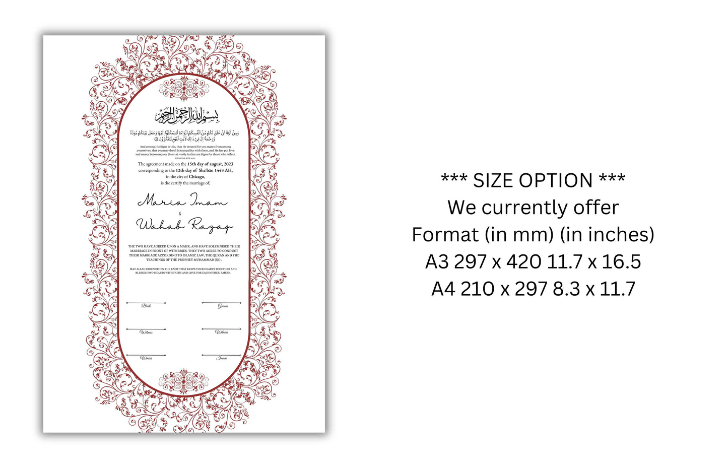 A4/A3 Nikkah Contract, Digital Printable Personalised Customised Nikkah Certificate, Digital Download, Islamic Marriage Contract. NN151