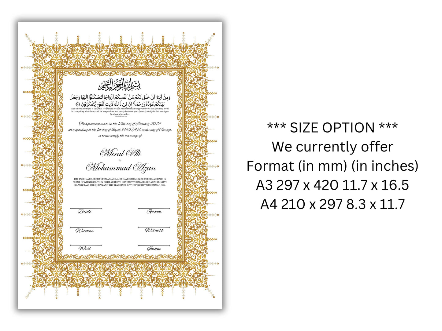 Gold Nikkah Certificate, A4/A3 Islamic Wedding Contract Template, Nikkah Nama, Muslim Marriage, Personalised Names, Quran Verse.NN201