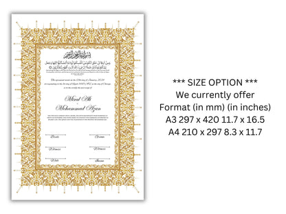 Gold Nikkah Certificate, A4/A3 Islamic Wedding Contract Template, Nikkah Nama, Muslim Marriage, Personalised Names, Quran Verse.NN201