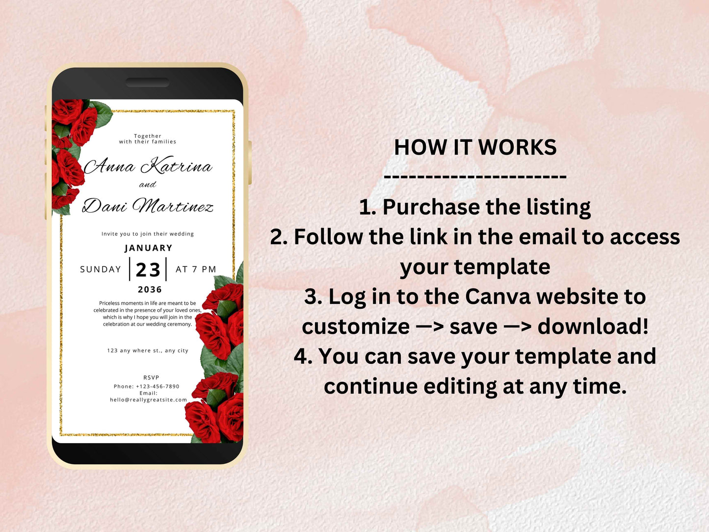 Red Rose Wedding Evite Template, Electronic Wedding Invitation, Red Rose video Wedding Invitation, Text Message, Mobile Phone Invite. WEI4