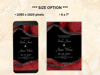 Wedding Invitation, Electronic Wedding Invite, Digital Download, Red Black theme Wedding Evite, Wedding Template. WEIB88