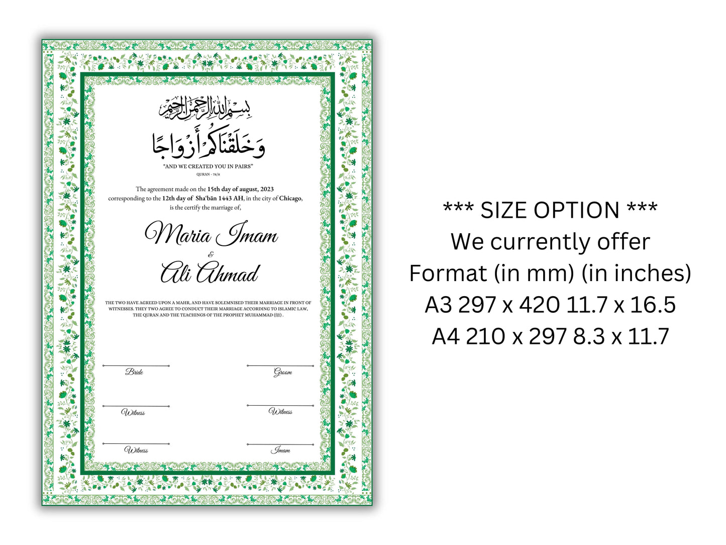 Nikkah Contract Template, A4/A3 Islamic Nikkah Digital Download, Customized Muslim Marriage Certificate, Editable Wedding Agreement. 148