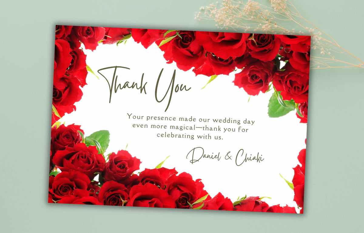 Red Rose Thank You Card, Floral Wedding Thank you Card , Editable Template, Printable Thank You Card, Editable Thank you Card. #WTUC45
