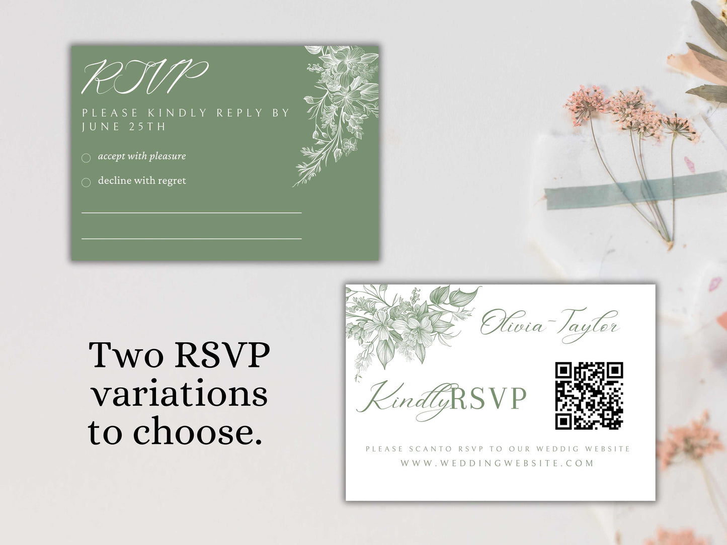 Sage Green Wedding Invitation Suite with Qr Code, Invite Set with Details Card, Modern Qr Code Rsvp, Elegant Green Wedding Template. WT 57