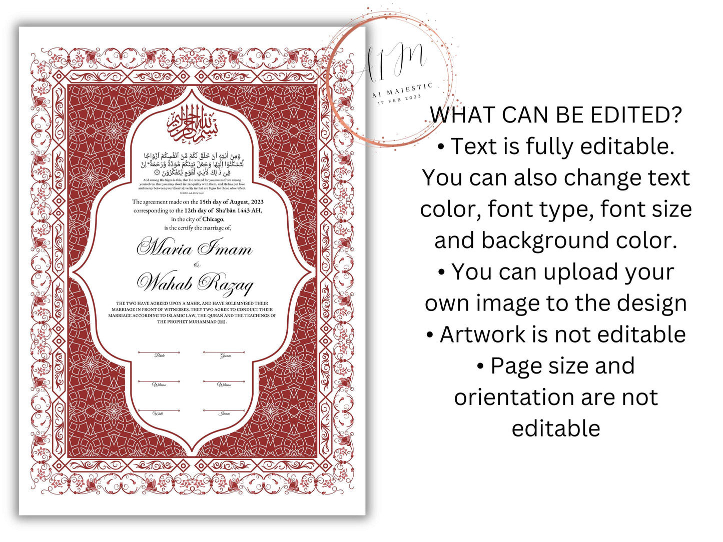 Nikkah Contract Template,Printable Nikkah Contract,Editable Nikkahnama, Muslim Wedding Certificate,Digital Download,Islamic Marriage. NN193