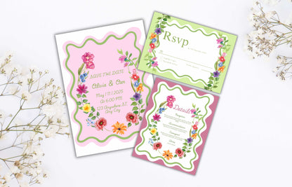 Pink Floral Wedding Invitation Template, Summer Wedding Invitation Suite, Botanical Invitation, Instant Download. WSB62
