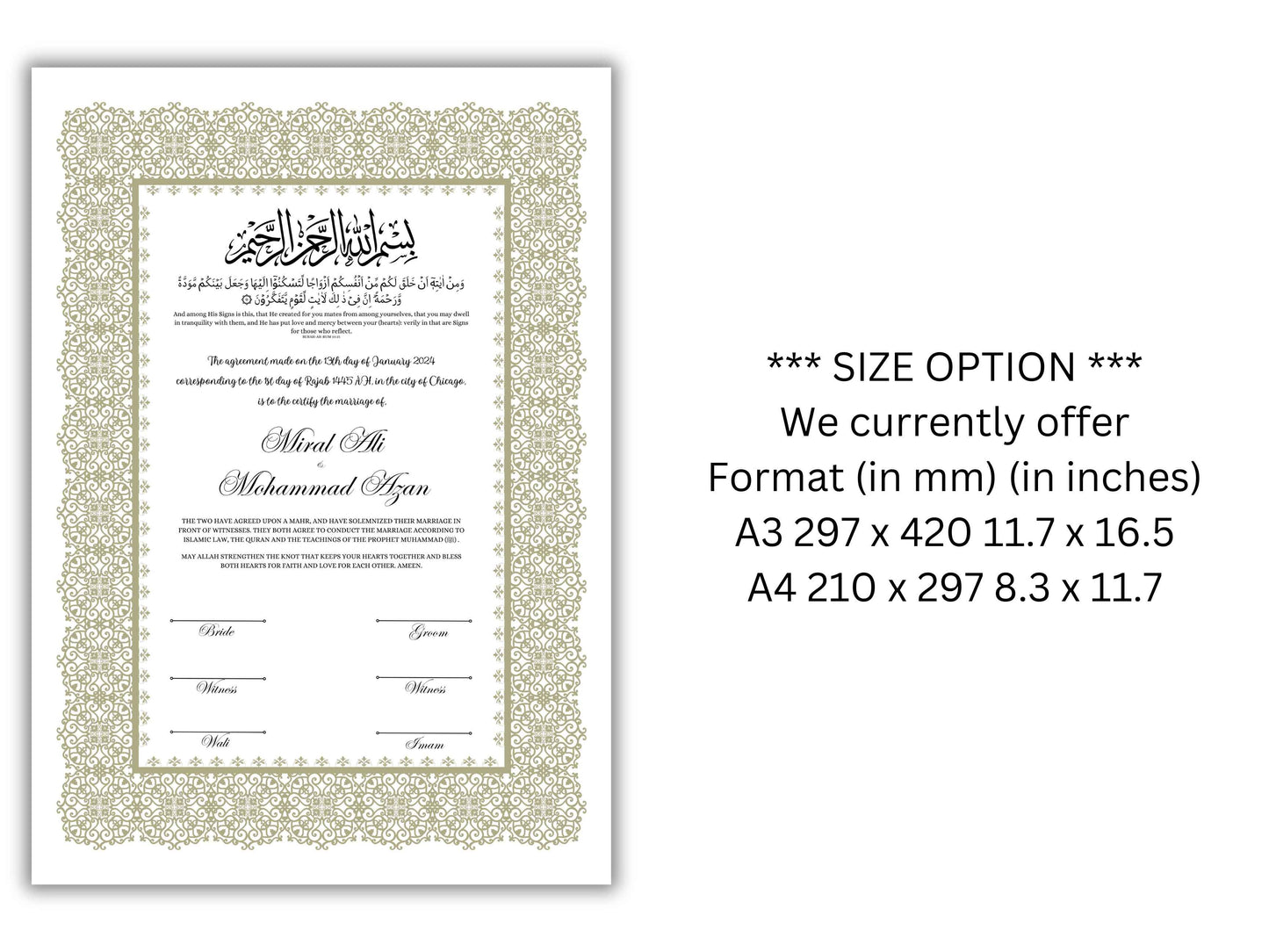 A4/A3 Nikkah Certificate, Nikkah Contract Template Editable, Printable Nikkahnama Template Marriage Contract. NN199