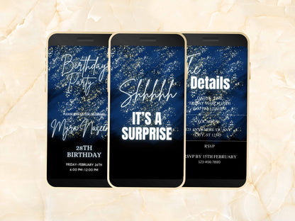 Digital Shhhh It's a Surprise Blue Birthday Invitation, Surprise Birthday Invitation, Electronic Invitation Template, Animated. BEI17